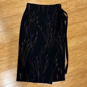 Black brown leaf print midi wrap skirt